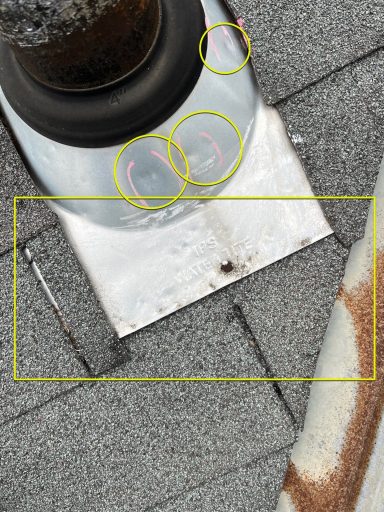 Pipe Boot Inspection With No Caulking Found & Hail Hits